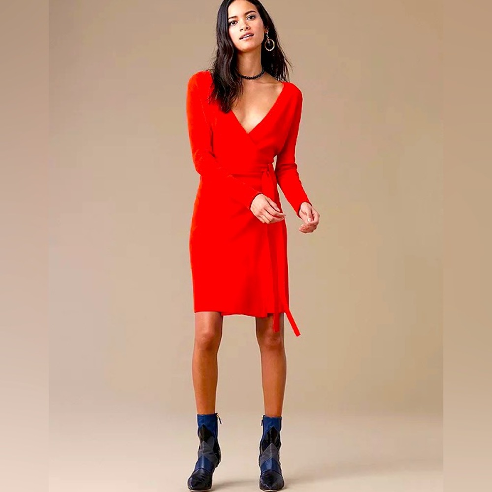 Diane Von Furstenberg Red Long-Sleeve V-Neck Wrap Midi Dress
